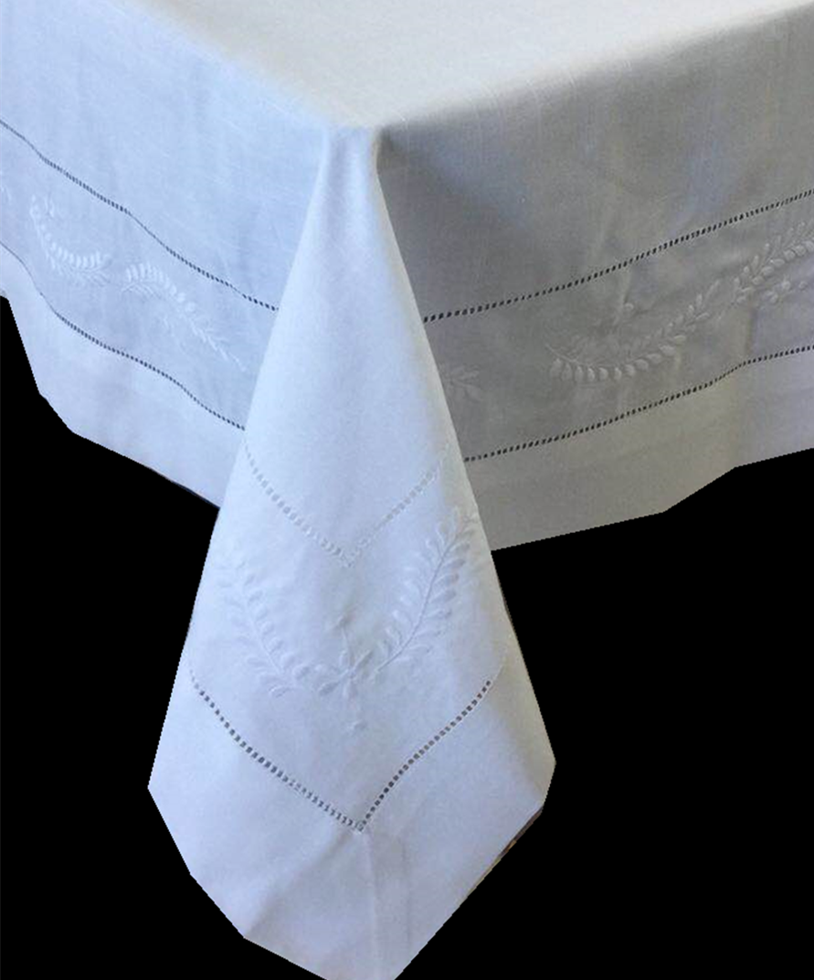 White Poly Linen Look Embroidery Tablecloth with Hemstitch