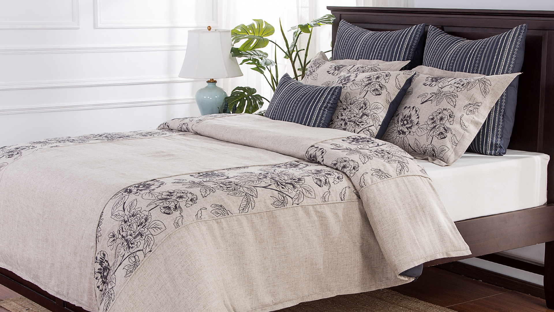 Embroidered Pearl Microfiber Comforter Set with Black Blossoms