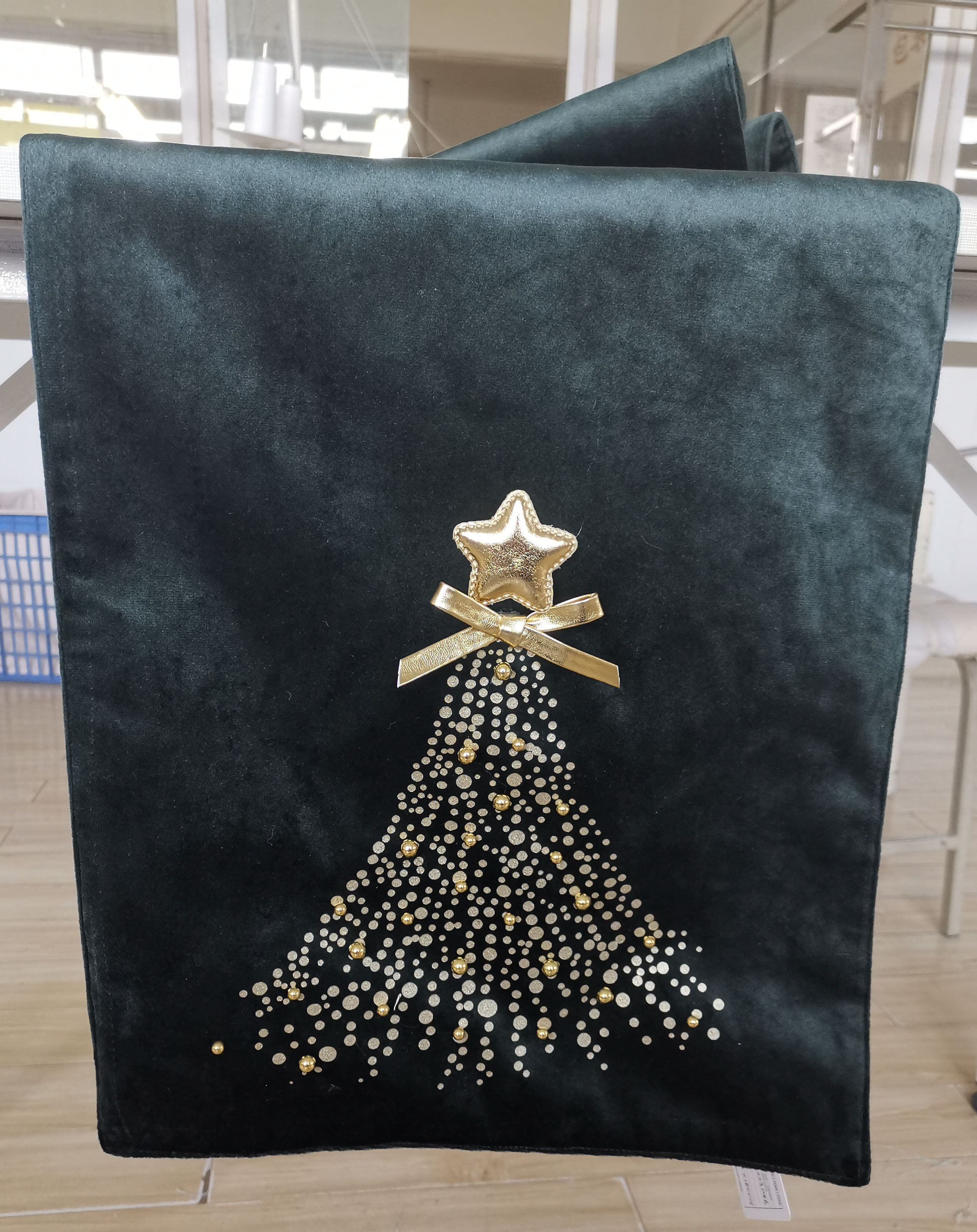 Glitter Christmas Tree Runner with Gold Star, Bowknot, and Beads