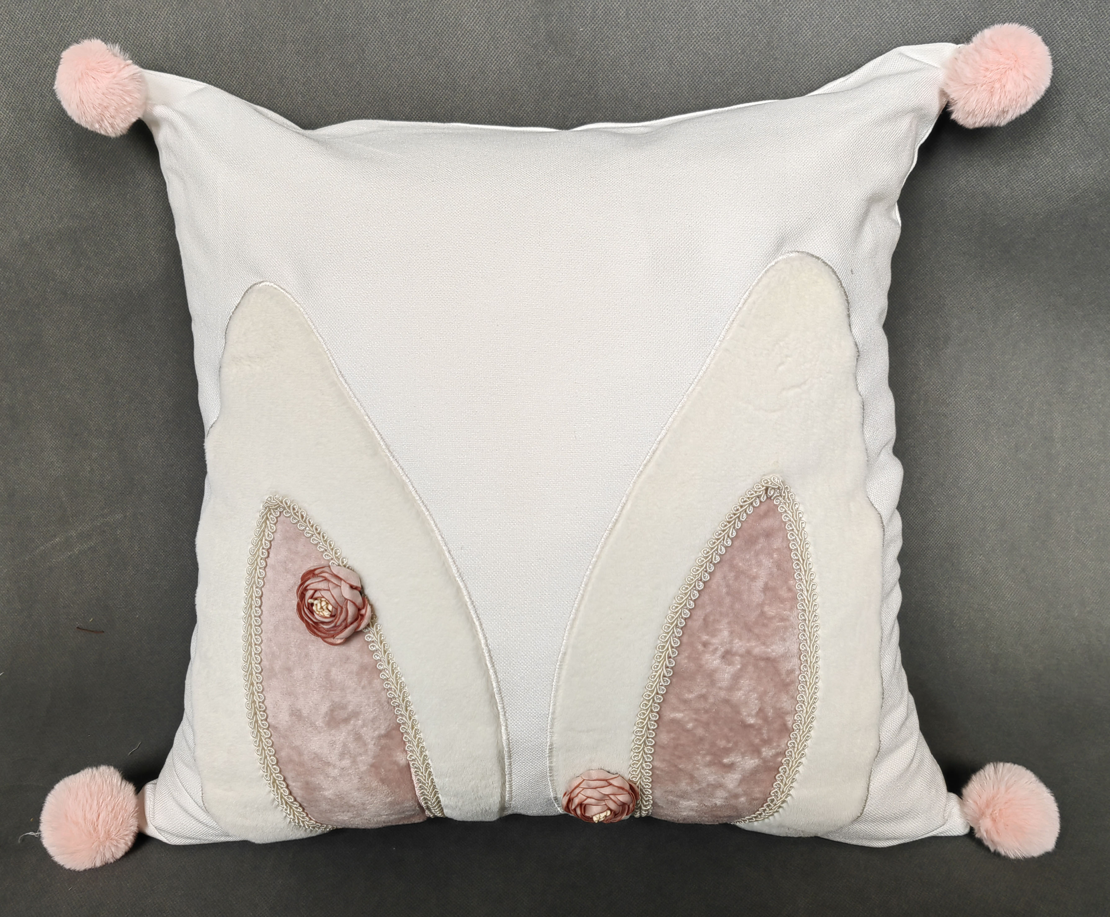 Embroidery Cushion with Rabbit Ear Decoration