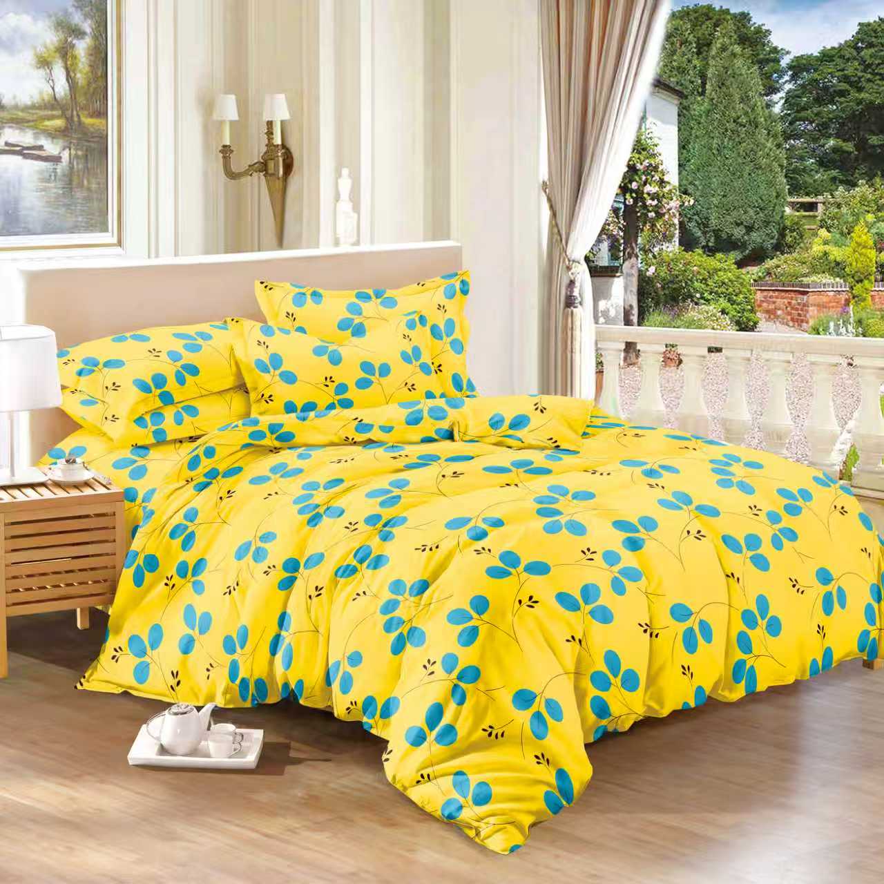 Chemical Fiber Printed Bed Sheets with Blue Flower Pattern