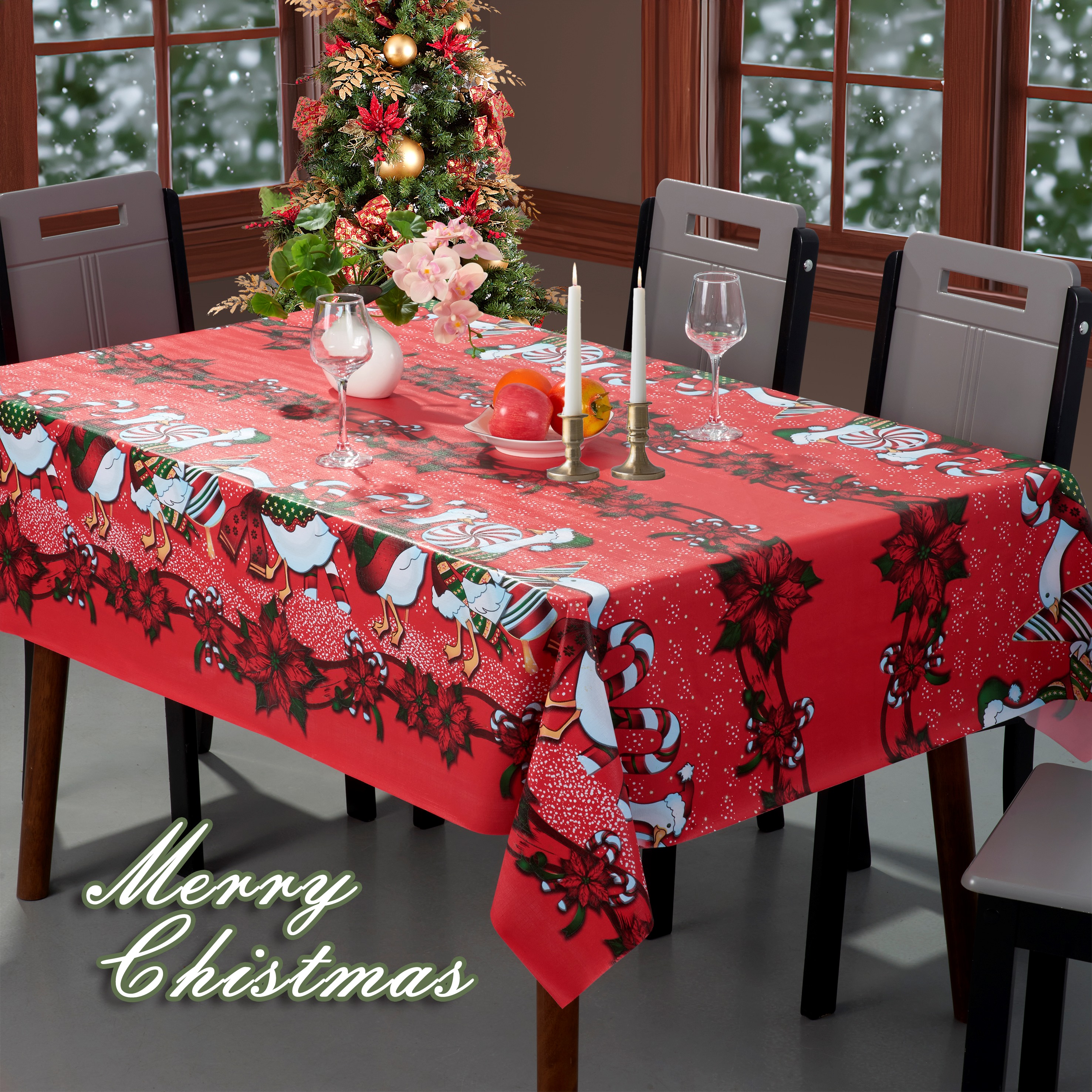 Christmas PVC Printed Tablecloth with Non-woven Fabric Backing