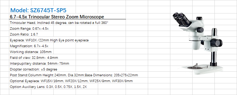 STEREO ZOOM MICROSCOPE SZ6745T-SP5