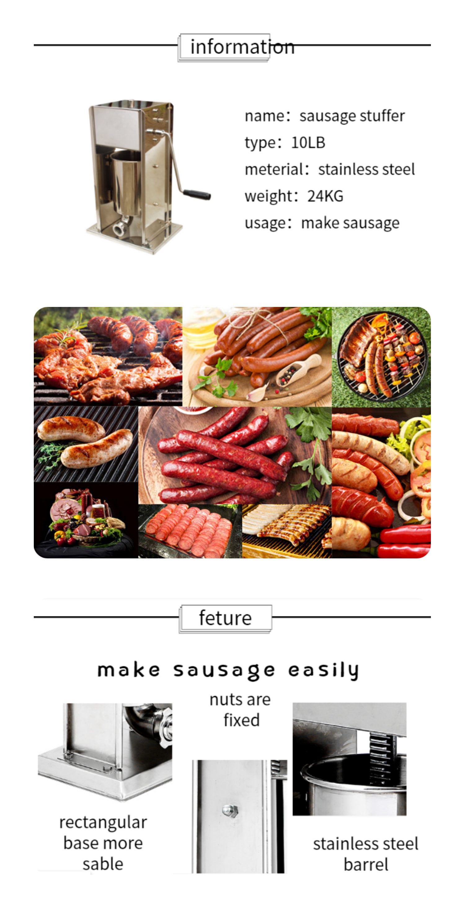 Stainless Steel Sausage Stuffer with Four Tubes