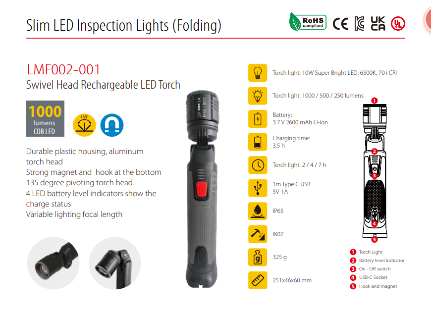 Swivel Head Rechargeable LED Torch with Magnet and Hook