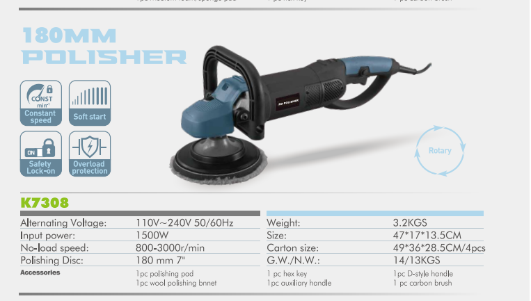 1500W Electric Polisher with 180mm Disc and Accessories
