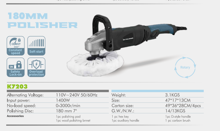 1400W Variable Speed Polisher with 180mm Disc