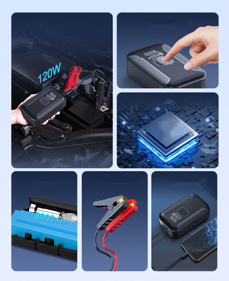 Portable Tire Inflator, Jump Starter, Cordless Air Compressor with Digital Screen and LED