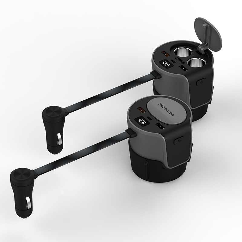 Dual USB Cup Holder Hub Docking Station with LED Display and Cigarette Lighter Socket for Model 3/Y