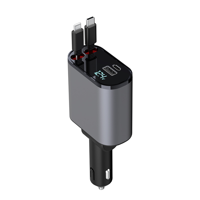 100W Digital Display Super Fast Charging Metal Car Charger with Cable