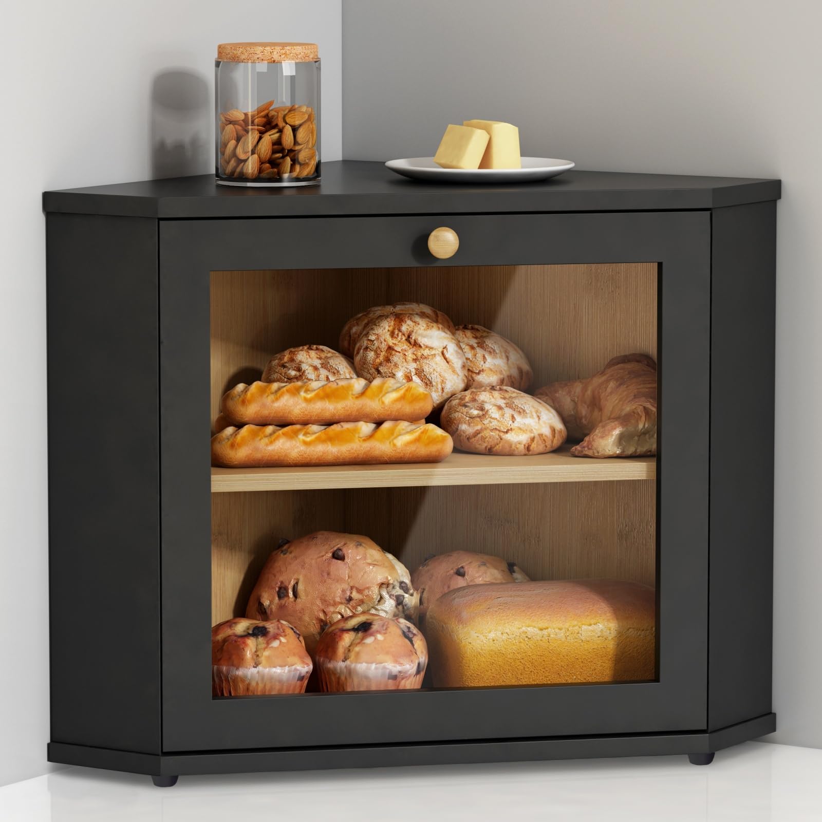 Corner Bamboo Bread Box with Transparent Window