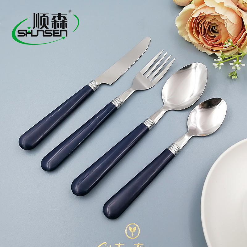 Dark blue plastic handle stainless steel cutlery set