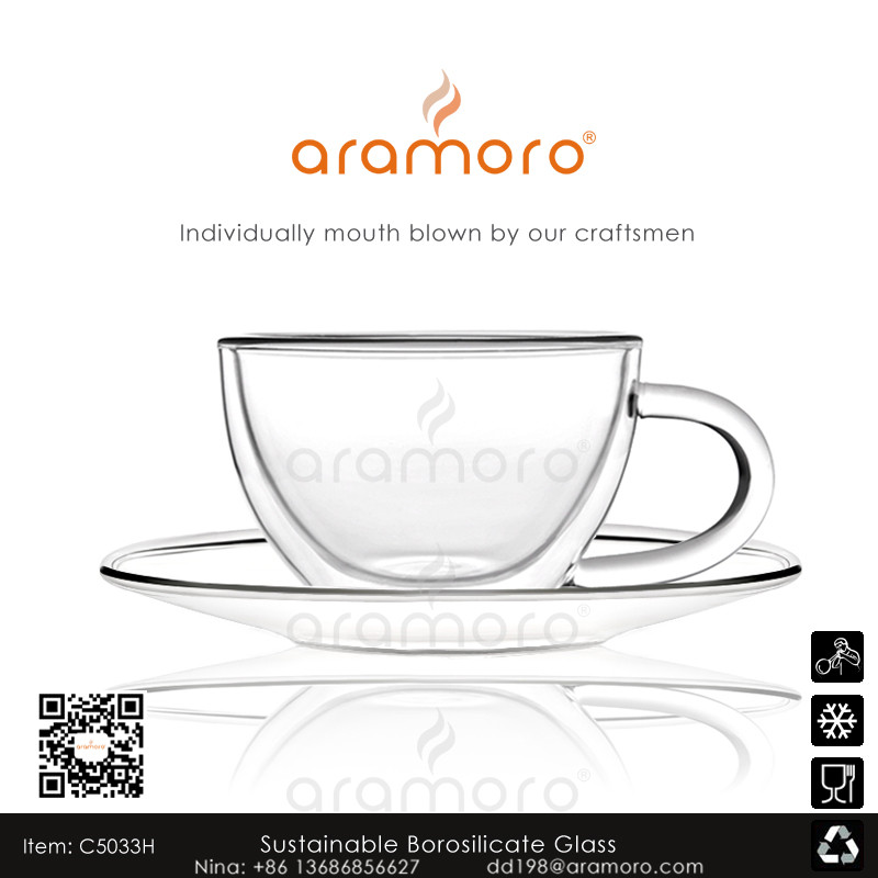 Thermo Glass Borosilicate Double Wall Glass Cup with Saucer