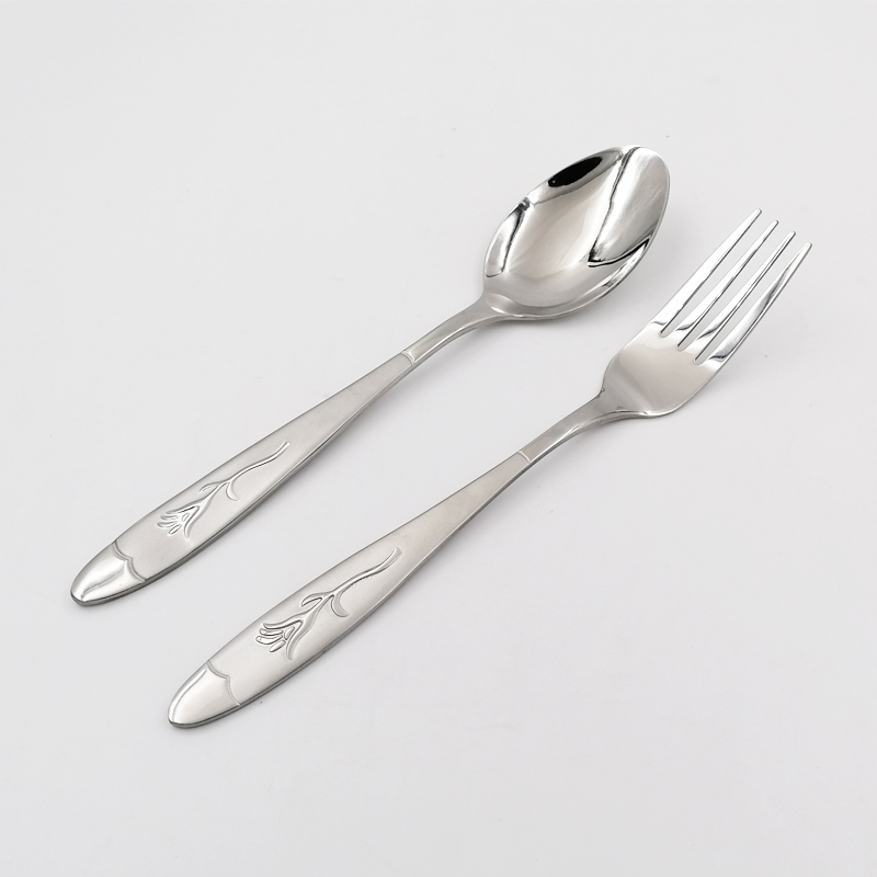 Rose design hand polished and sandblasted stainless steel fork and spoon