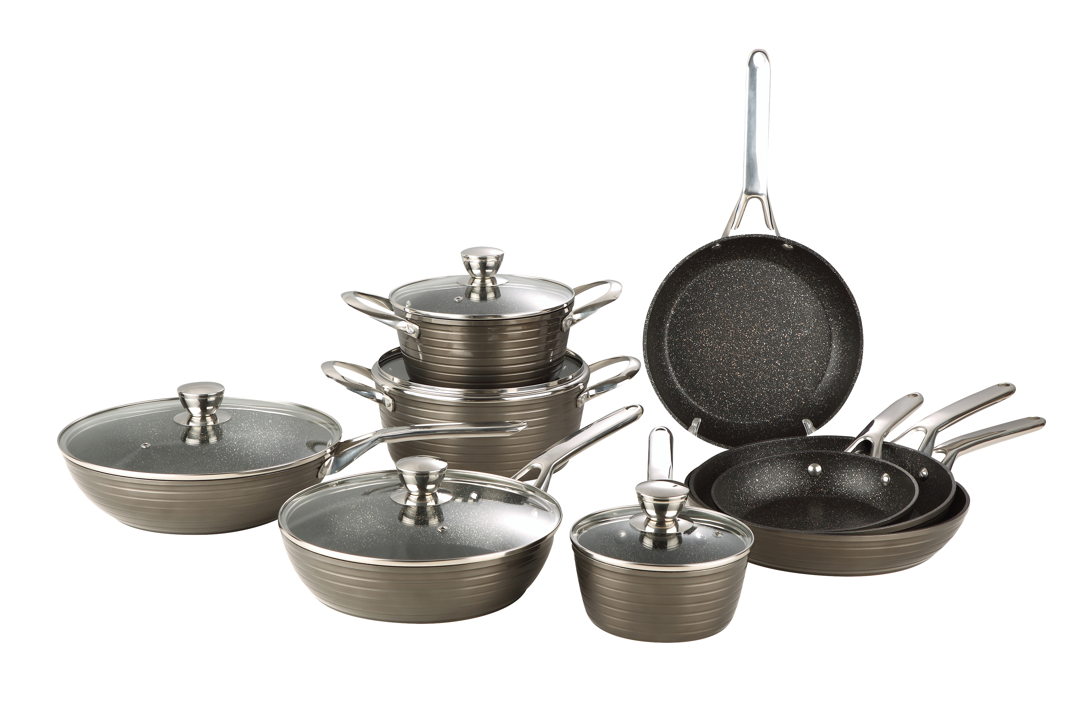 14-piece forged aluminum cookware set with ribbed body