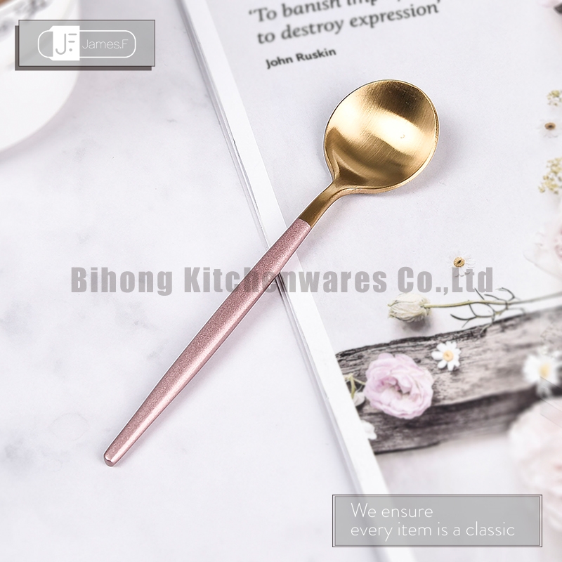 Tea Spoon with Gold Titanium Plated Head and Black/Pink Plated Handle