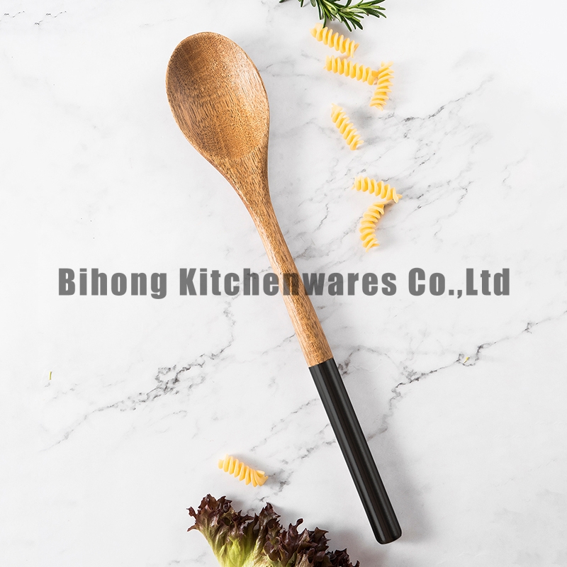 Wooden cooking spoon with stainless steel handle