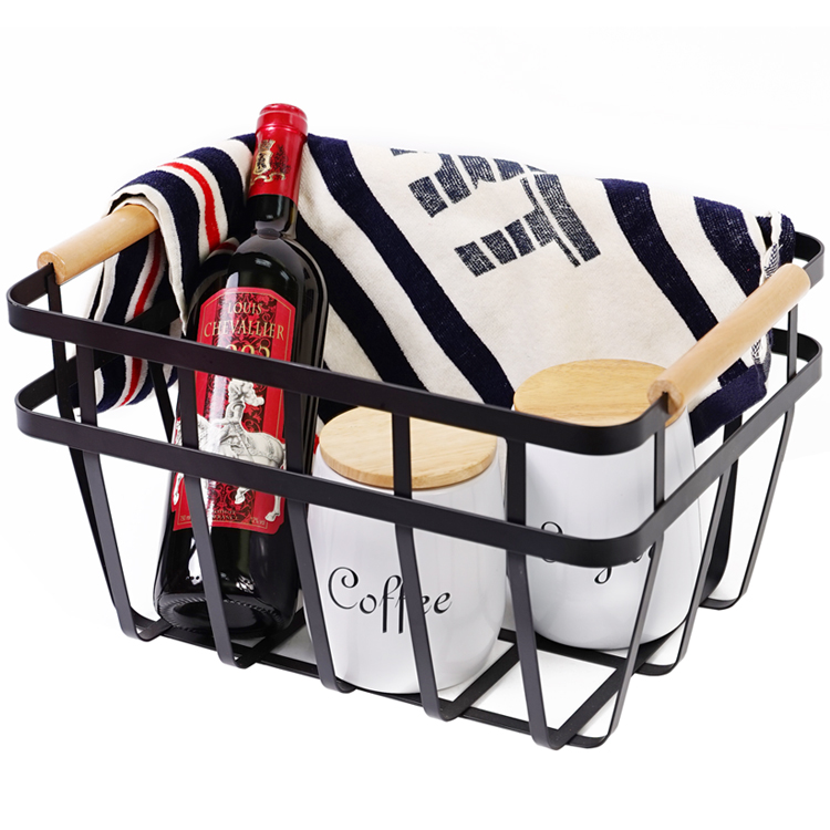 Black Square Woven Steel Storage Basket with Wood Handles