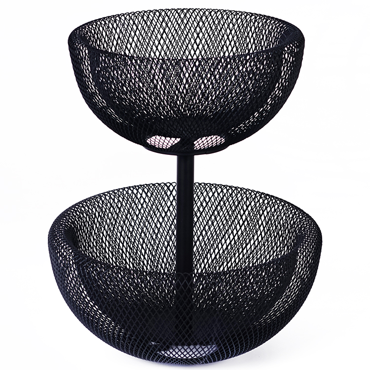 Black Round 2-Tier Steel Mesh Fruit Basket