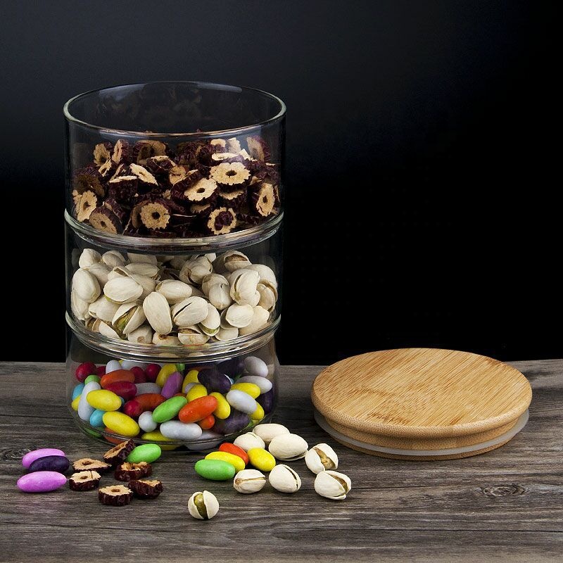 Stackable Bamboo Wood Seal Lid Glass Storage Jar