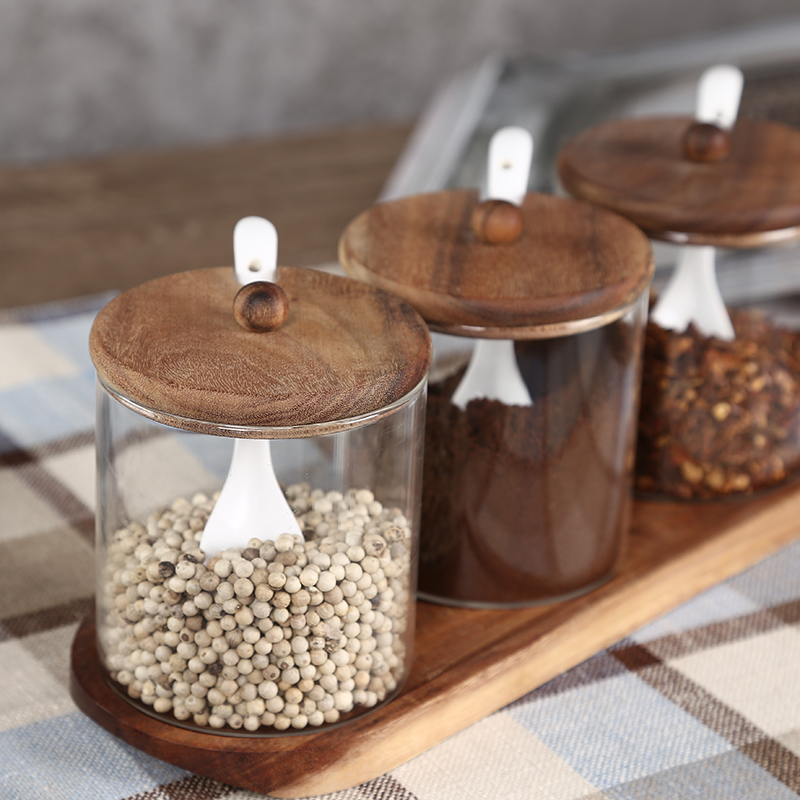 Frosted Glass Seasoning Pot with Acacia Lid and Tray