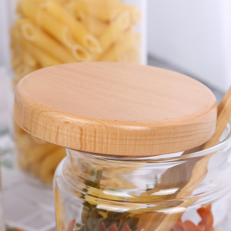 Narrow mouth borosilicate glass canister with groove beech wood lid