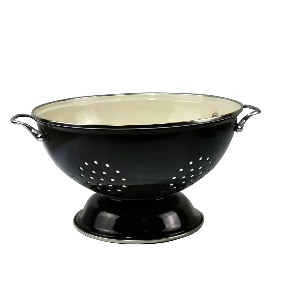 Enameled Steel Colander with Bamboo Handle for Fruit, Vegetables, and Pasta