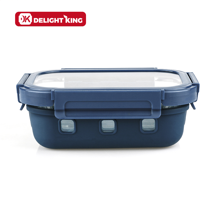 Patented Glass Food Container with Glass Lid and Silicone Sleeve