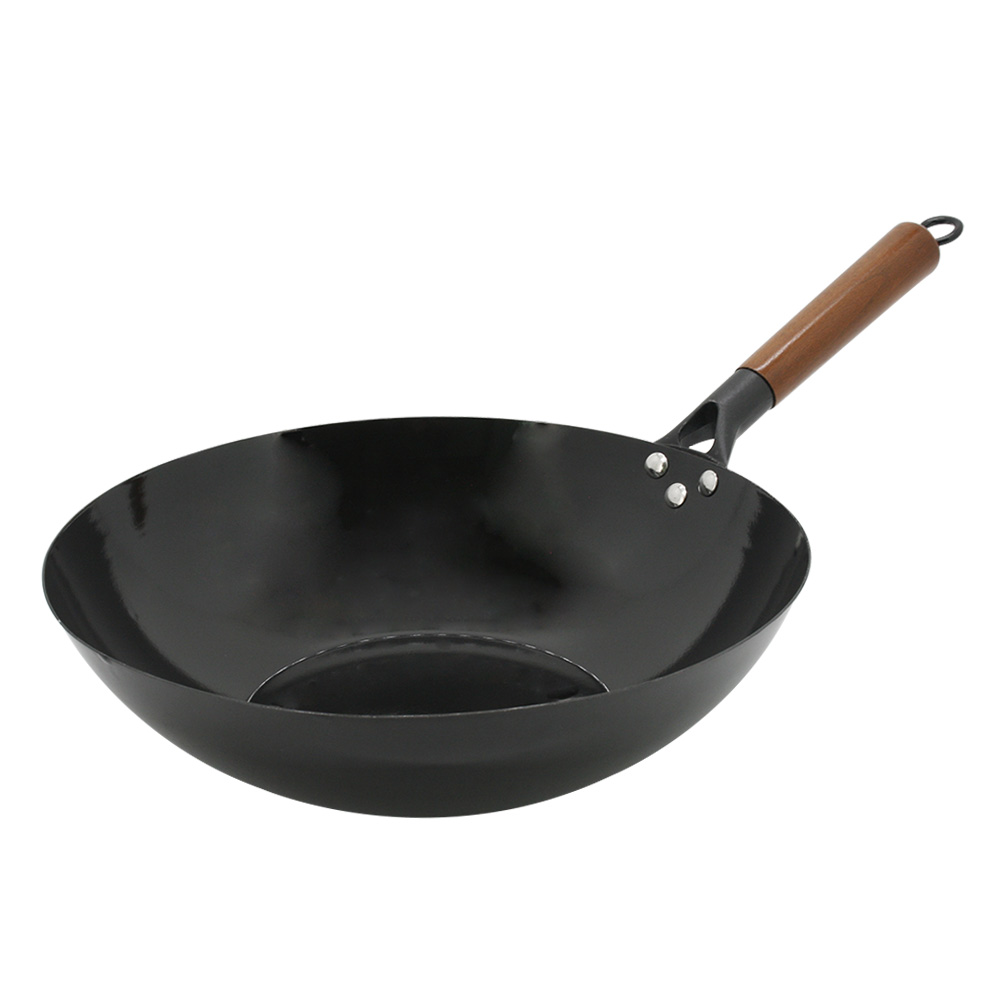 Enamel Iron Wok with Wooden Handle - Round Base