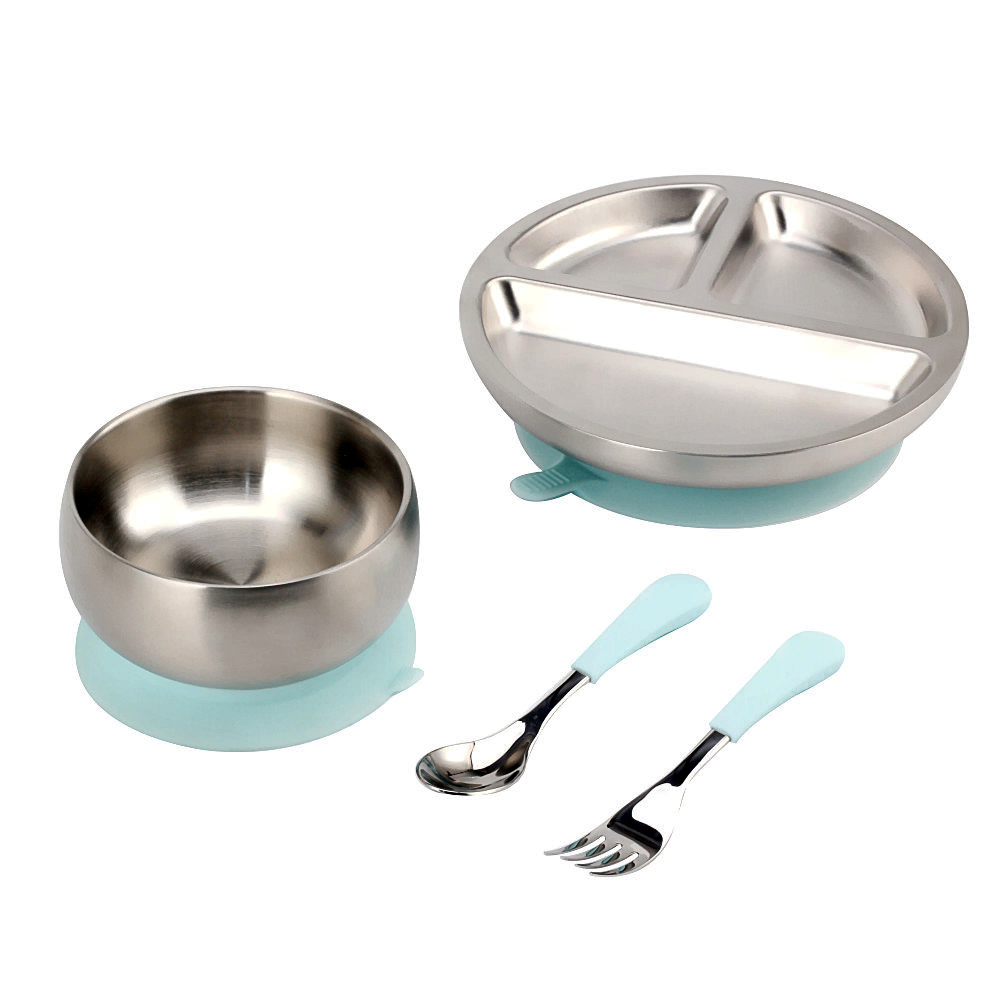 Stainless Steel Baby Suction Bowl and Plate Set with Spoon and Fork