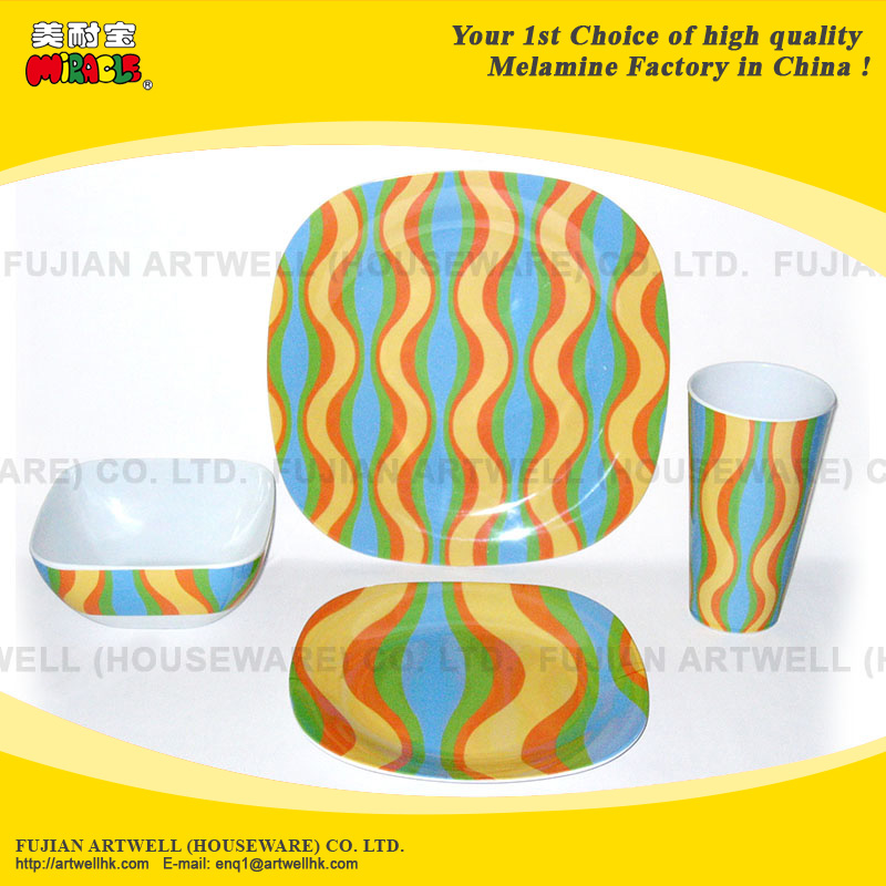 16-Piece Melamine Square Dinnerware Set with Plates, Bowls, Cups, Mugs, Tray, and Pet Bowl