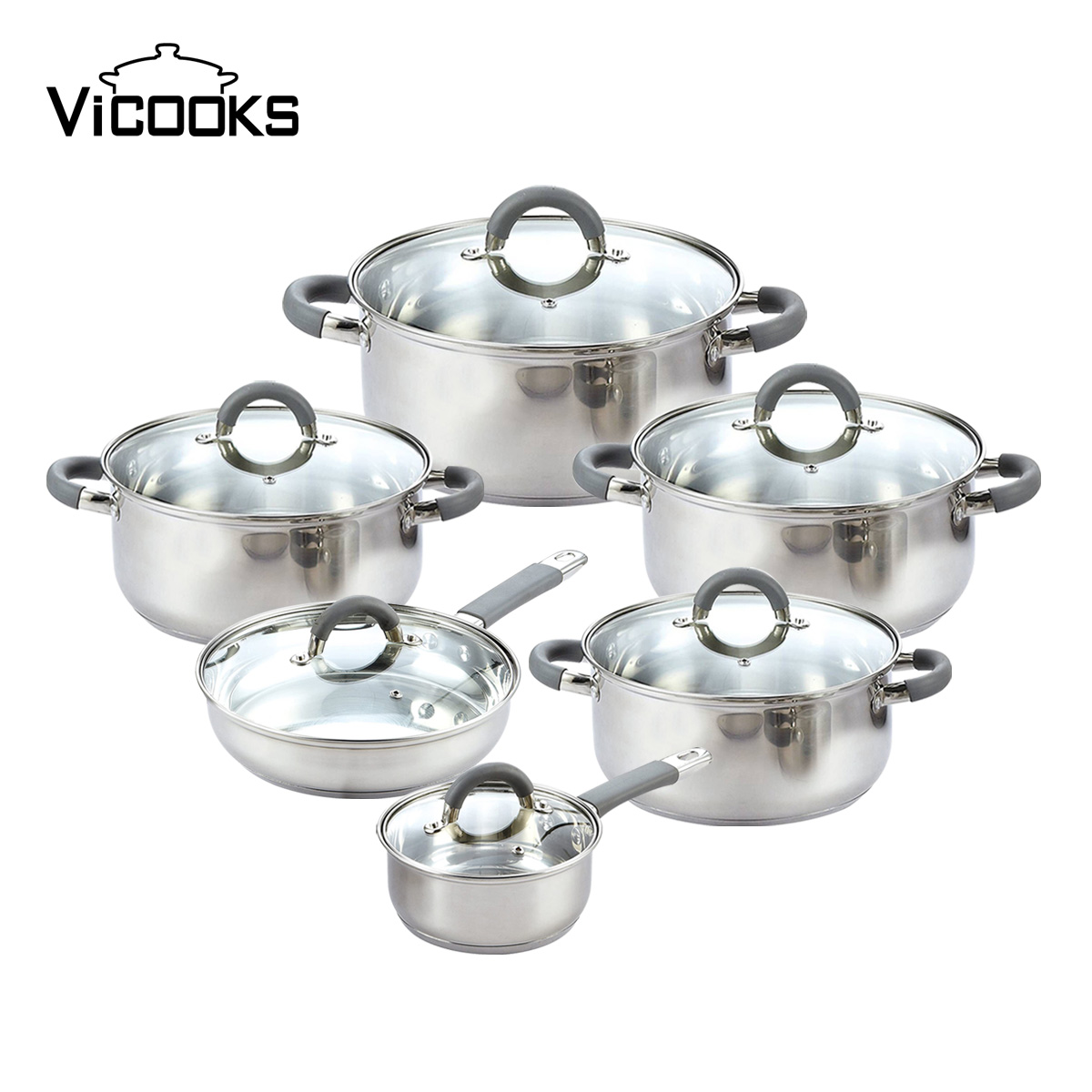 Stainless Steel Cookware Set with Silicone Grip Handles and Lids