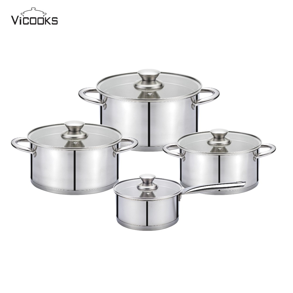 Stainless Steel Cookware Set with Right Angle Bottom and Satin Finish