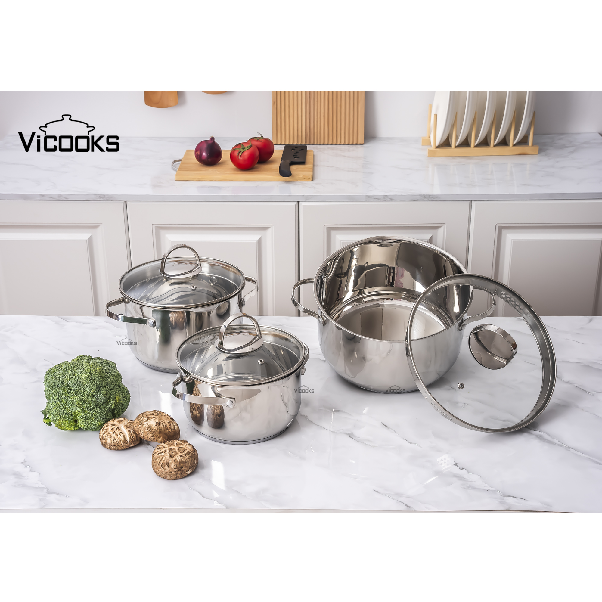 6-Piece Stainless Steel Pot Set with Wire Handles and Straining Lids