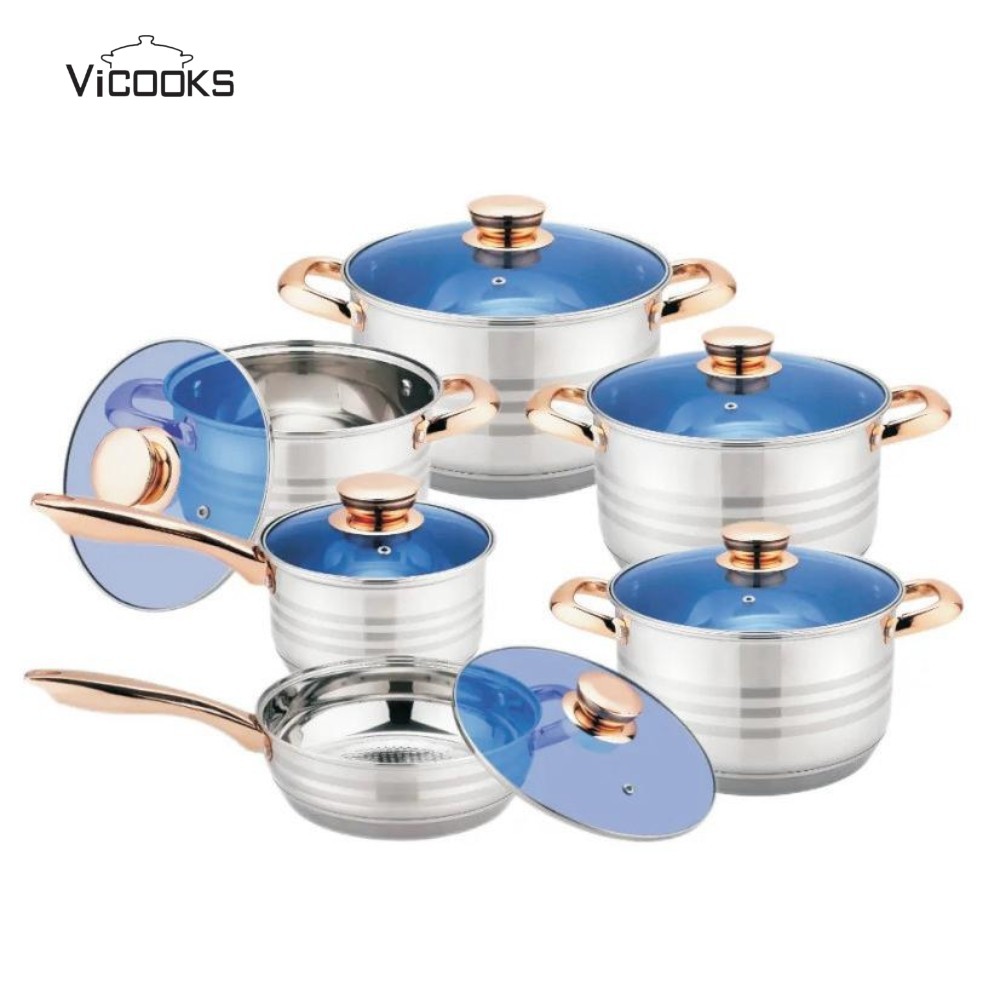 12-Piece Stainless Steel Cookware Set with Blue Glass Lids & Copper Handles