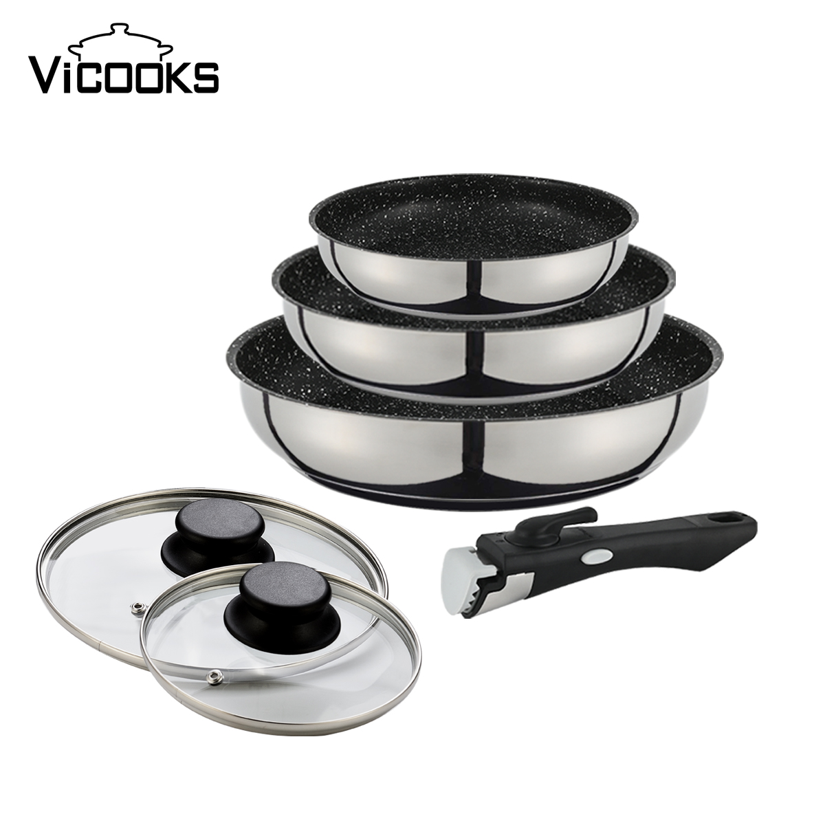 Stainless Steel Nonstick Frying Pan and Pot Set with Detachable Handle