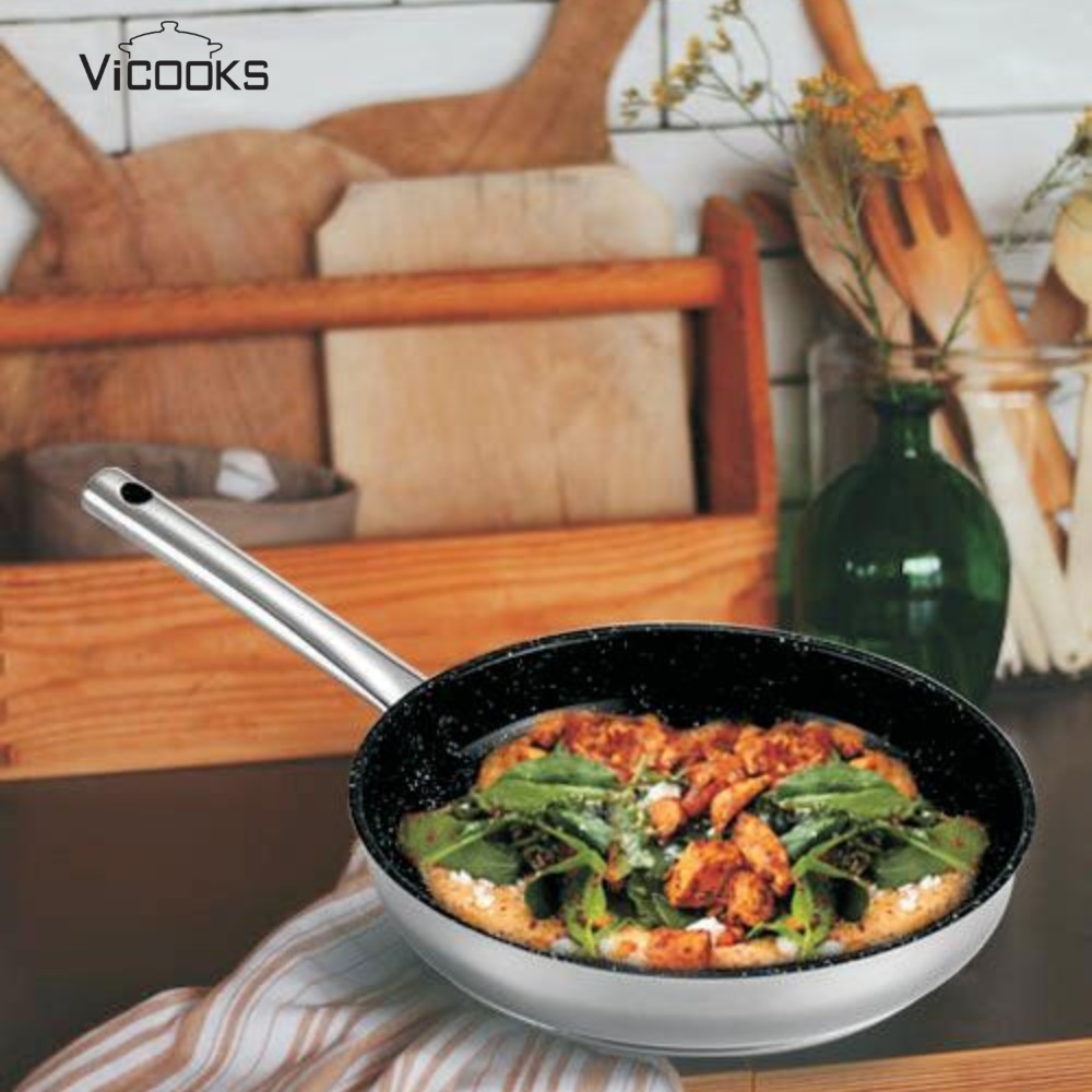 Stainless Steel Frypan with Marble Coating and Lid