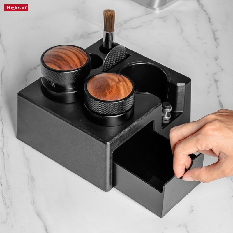 Espresso Tamping Station and Knock Box with Wooden Portafilter Holder