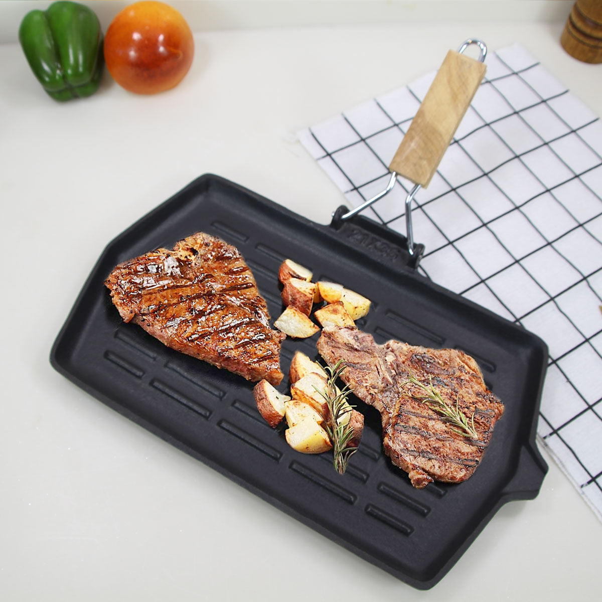Cast Iron Square Grill Pan with Wooden Handle