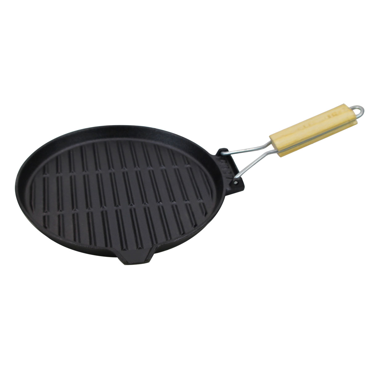 Round Cast Iron Grill Pan with Wooden Handle