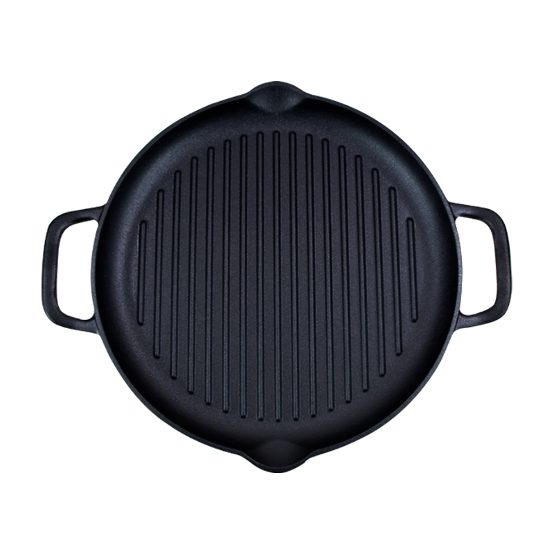 Round Cast Iron Grill Pan with Wooden Handle