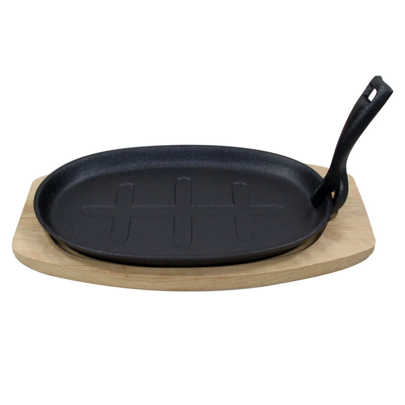Cast Iron Sizzling Plate Serving Platter with Wooden Base
