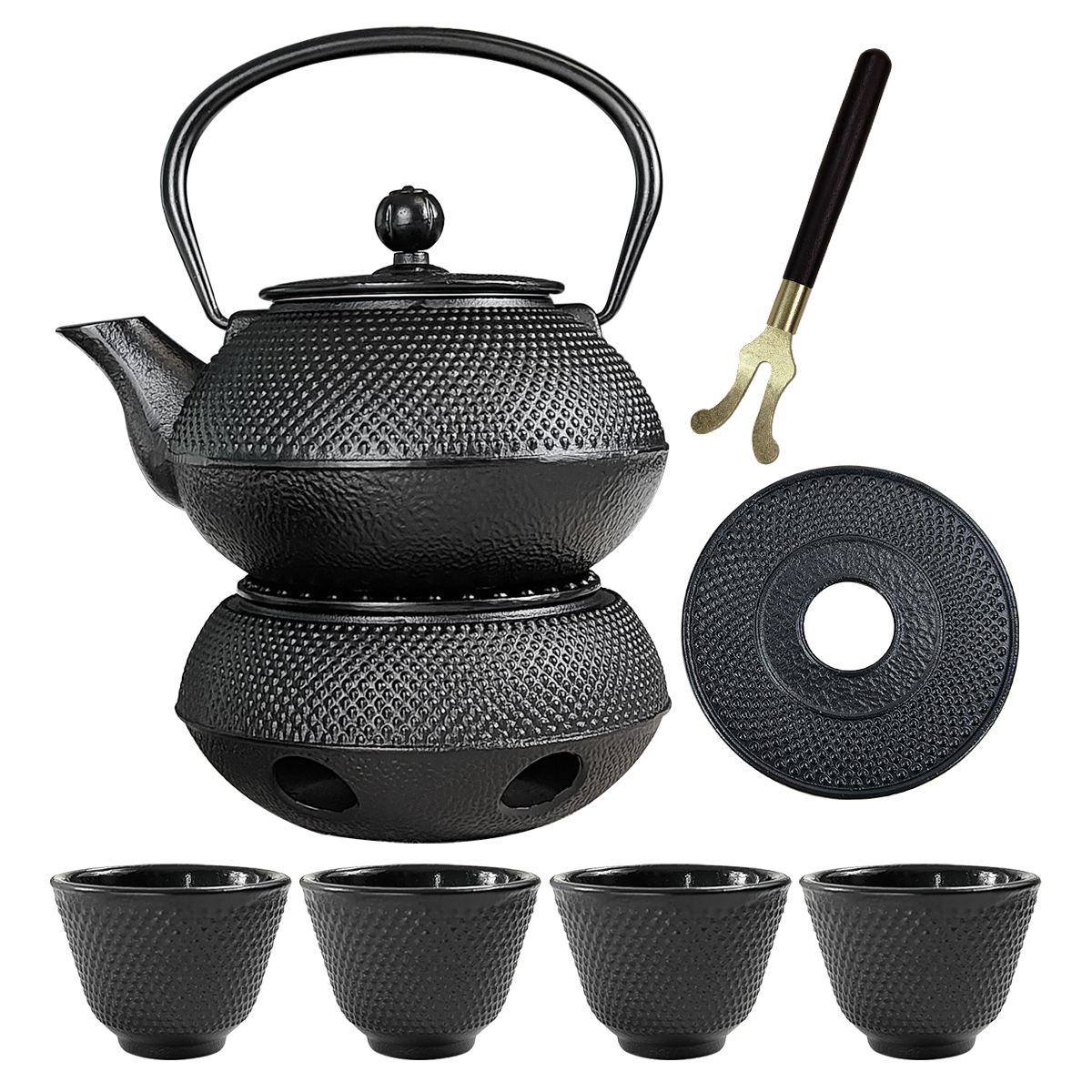 Cast Iron Tea Cup Set with Hobnail Tetsubin Teapot and Warmer