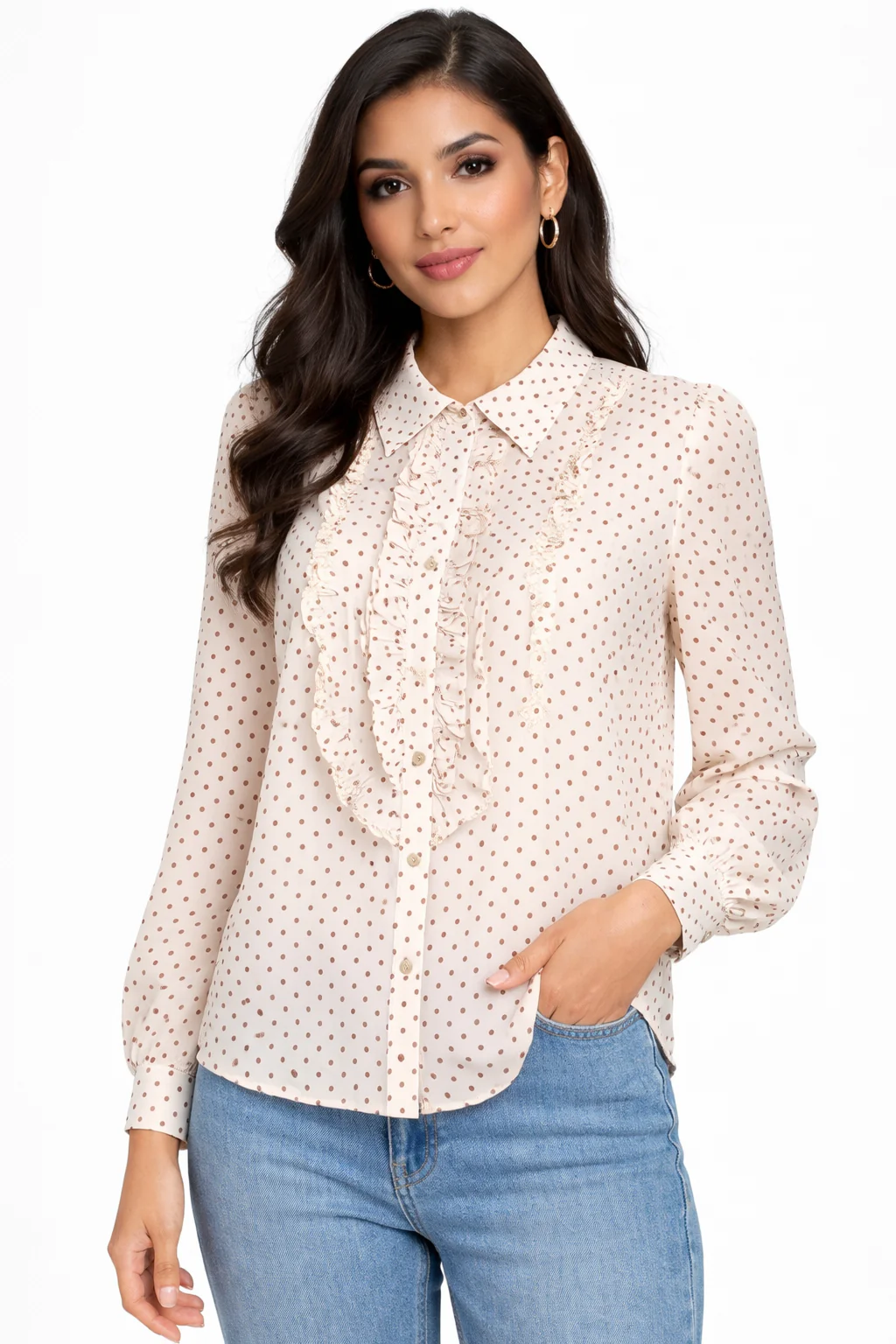 Polka Dot Ruffle Blouse - Beige