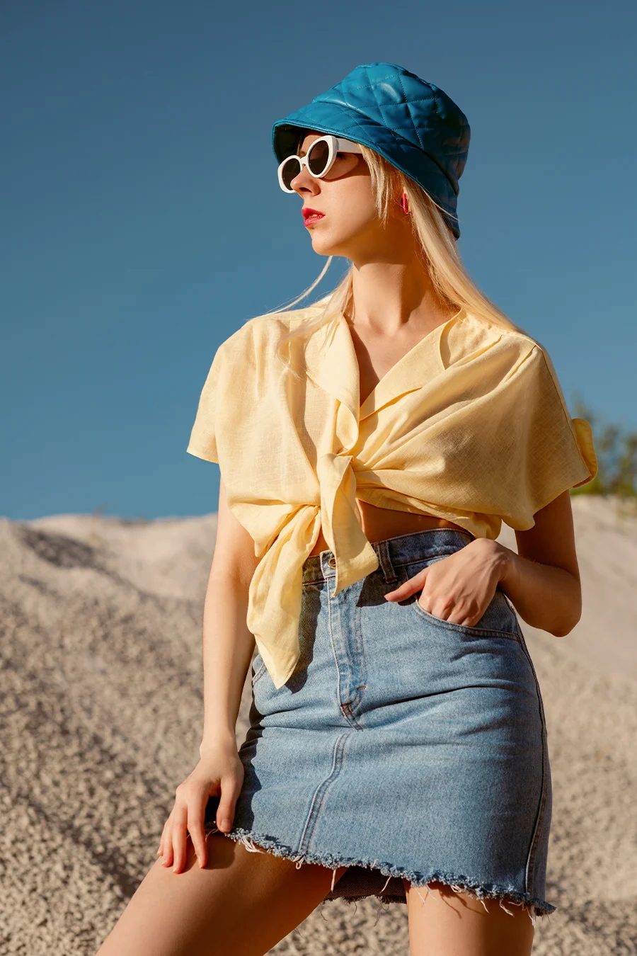 Women's halter neck front button crop top and denim jumpsuit