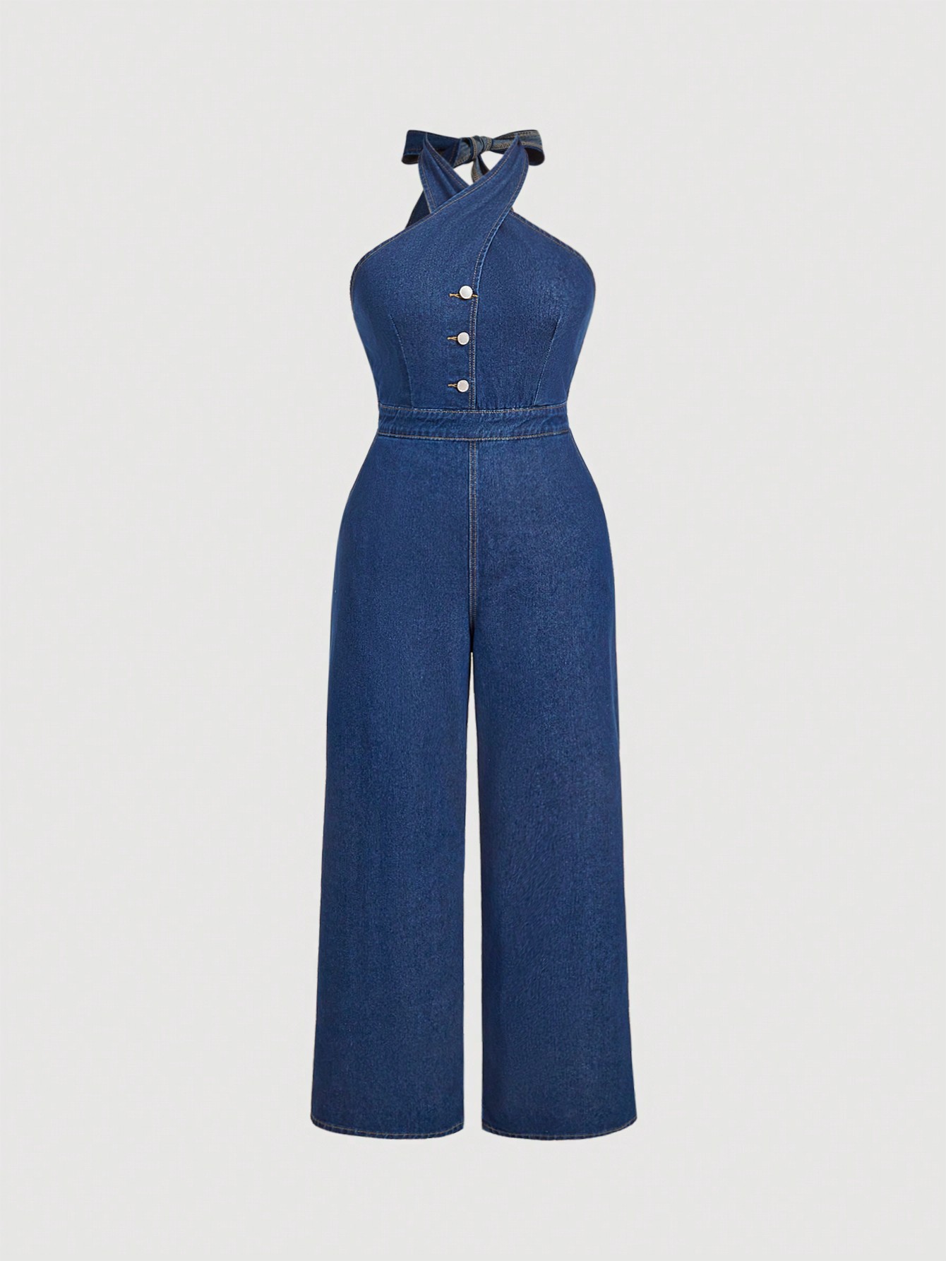 Women's Button Front Halter Neck Tube Top Denim Jumpsuit