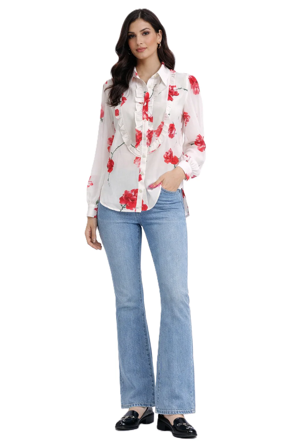 Floral Ruffle Chiffon Blouse with Red Print