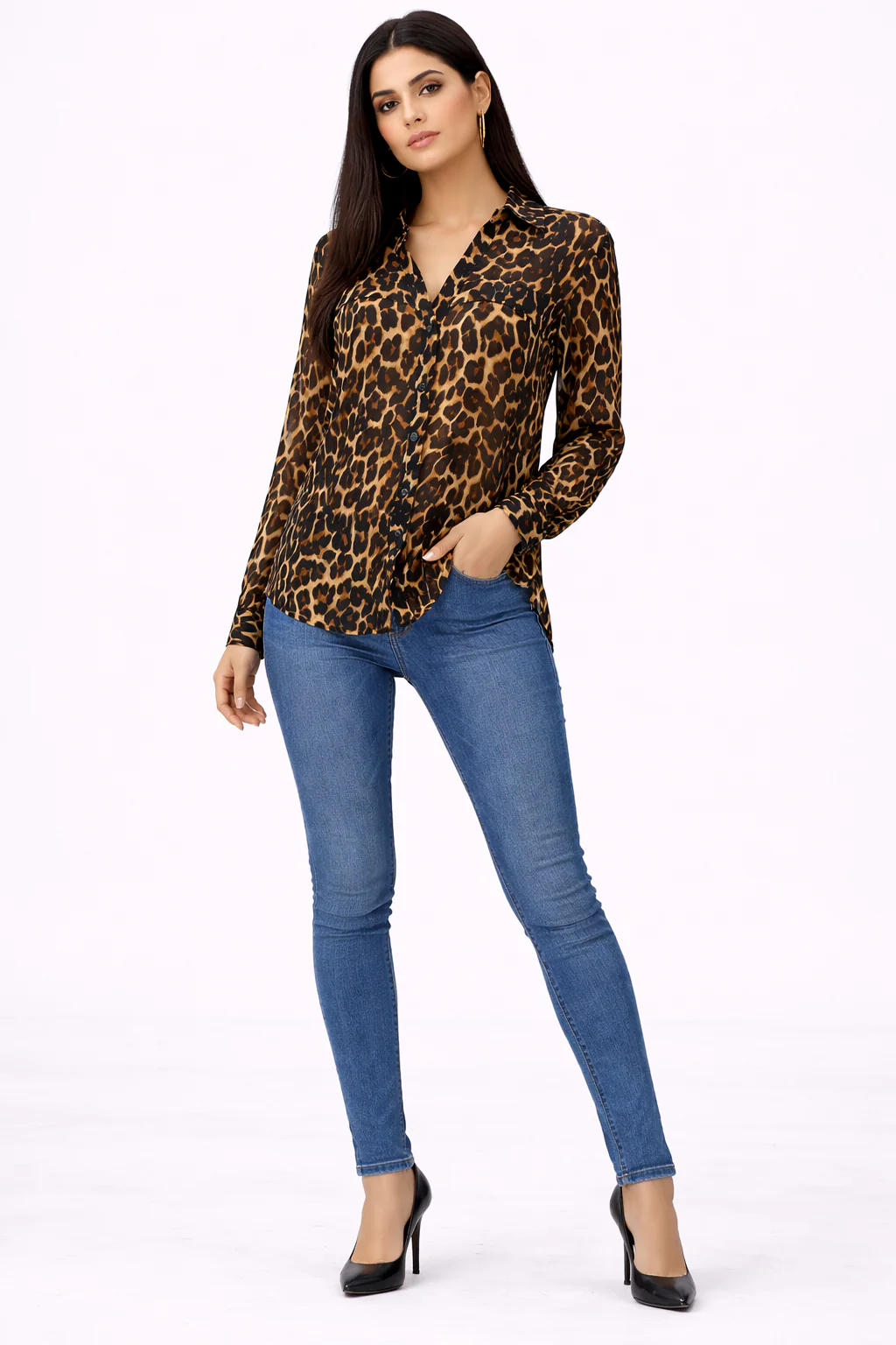 Tiger Print Ruffle Chiffon Blouse