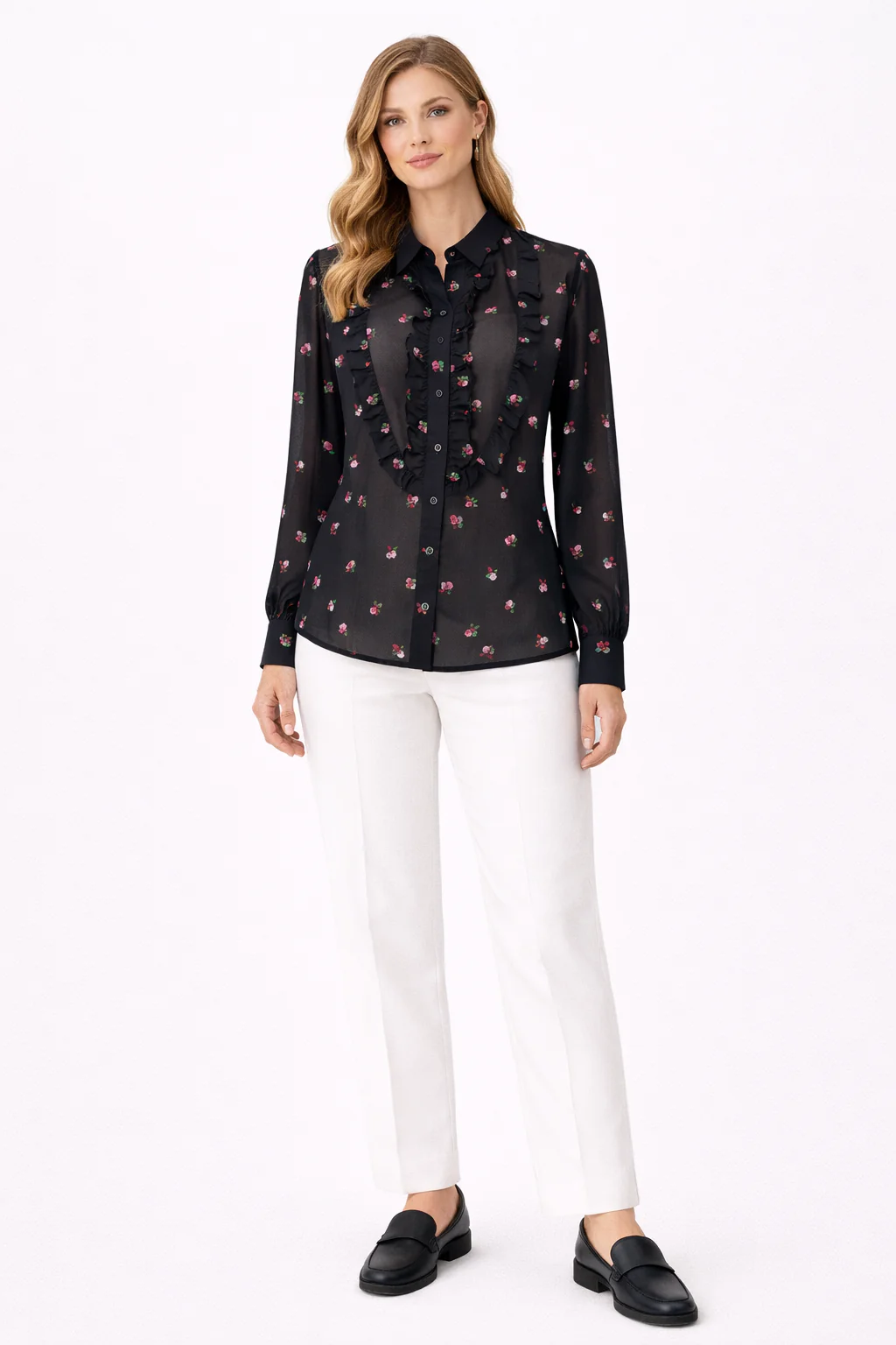 Floral Chiffon Ruffle Blouse - Black