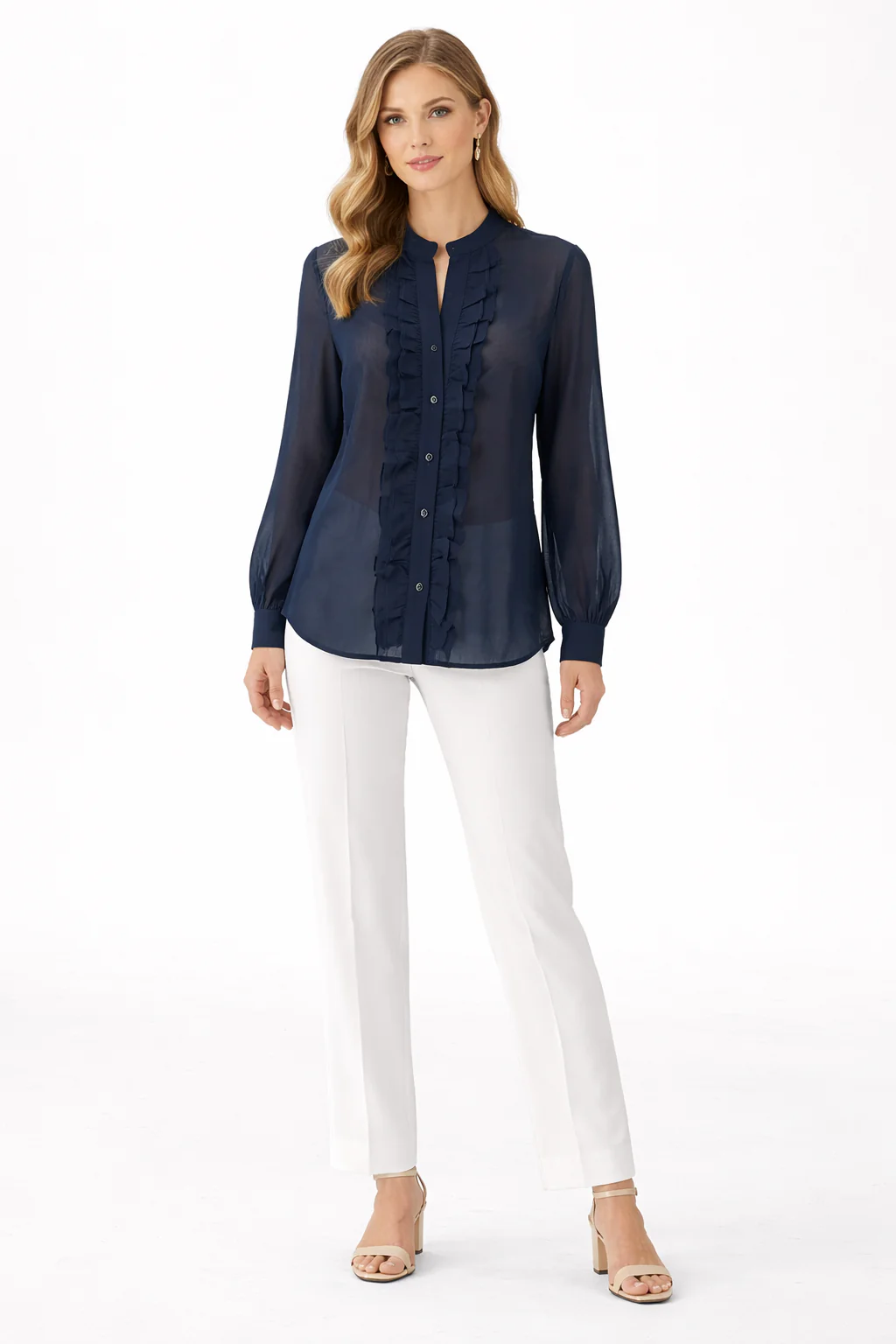 Sheer Chiffon Ruffle Blouse - Navy